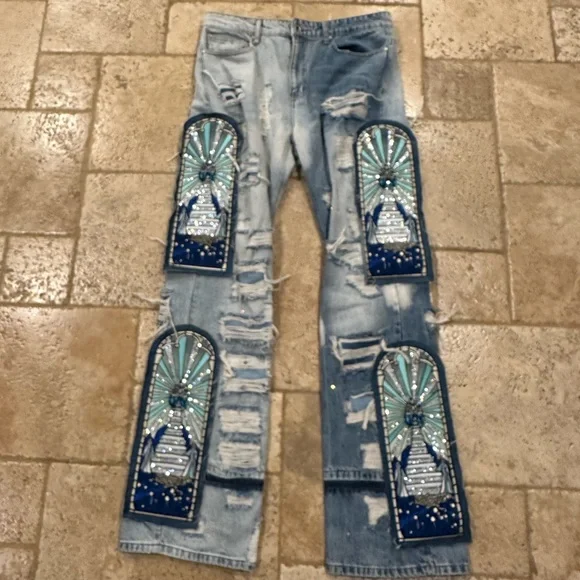 Who Decides War WDW Final Destination Patch Crystal / Rhinestone Distress Denim
